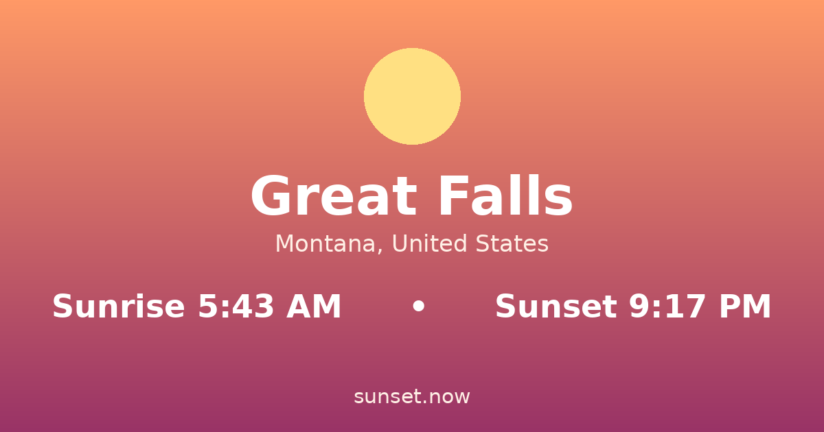Sunrise & sunset times in Great Falls, Montana — sunrise 5:43 AM, sunset 9:17 PM
