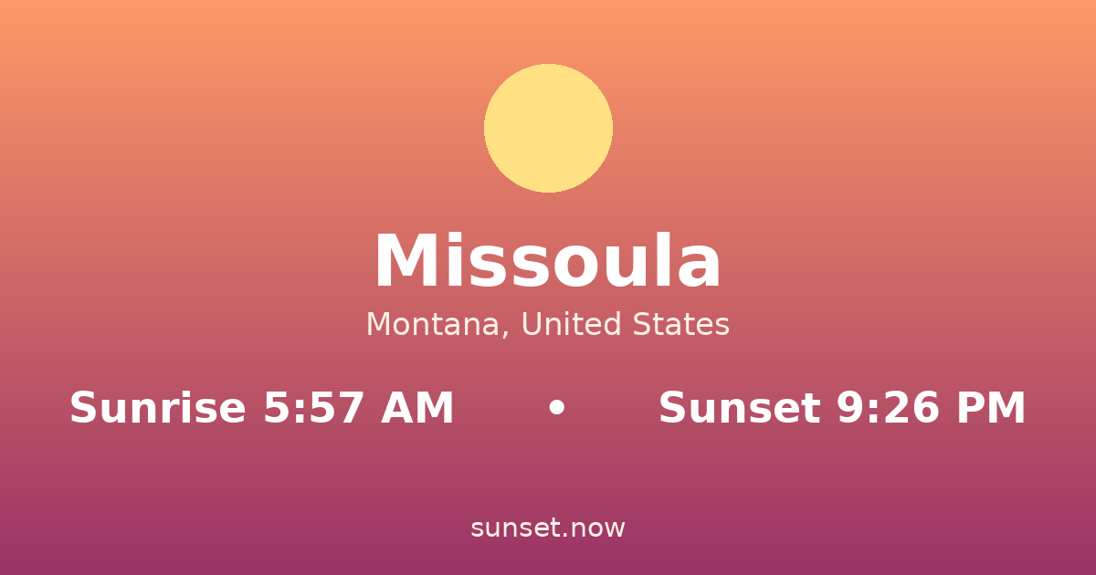 Sunrise & sunset times in Missoula, Montana — sunrise 5:57 AM, sunset 9:26 PM