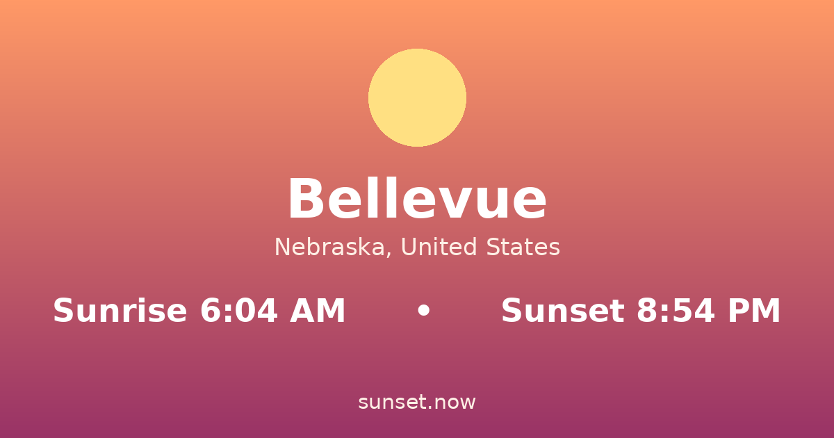 Sunrise & sunset times in Bellevue, Nebraska — sunrise 6:04 AM, sunset 8:54 PM