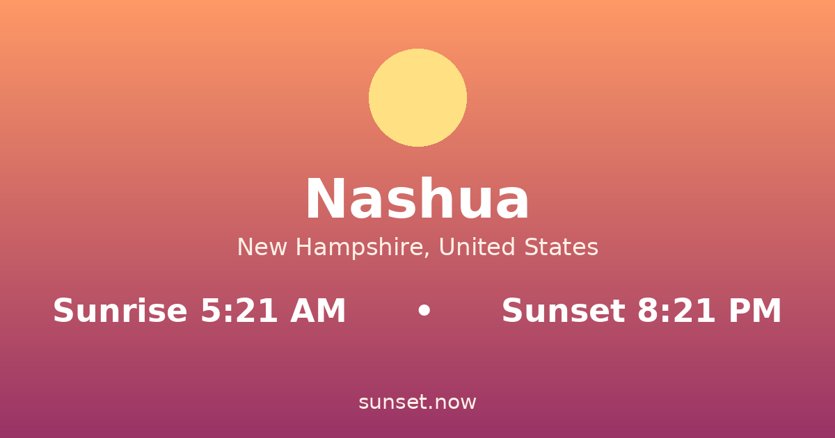 Sunrise & sunset times in Nashua, New Hampshire — sunrise 5:21 AM, sunset 8:21 PM