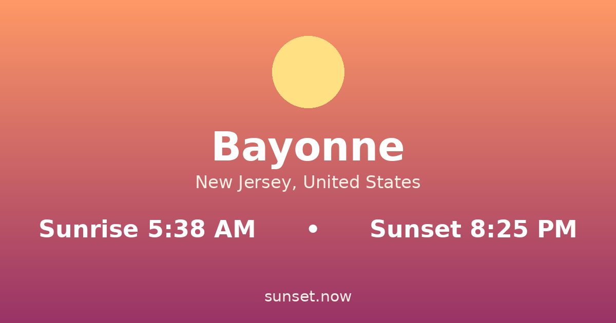 Sunrise & sunset times in Bayonne, New Jersey — sunrise 5:38 AM, sunset 8:25 PM