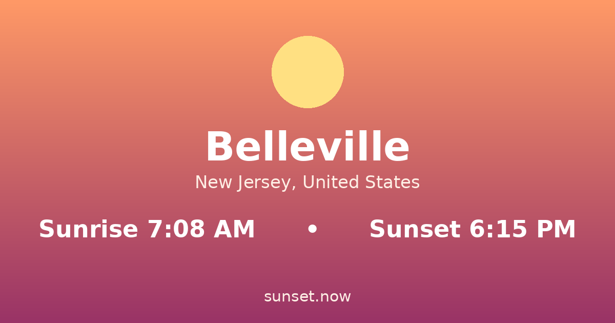 Sunrise & sunset times in Belleville, New Jersey — sunrise 7:08 AM, sunset 6:15 PM