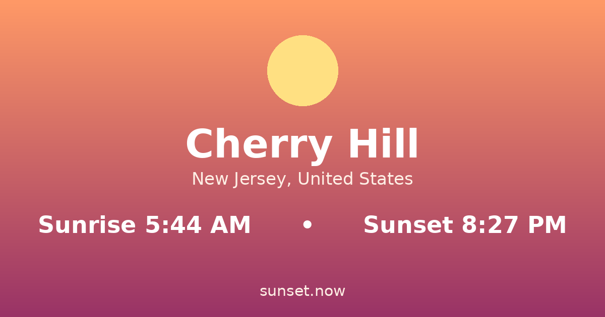 Sunrise & sunset times in Cherry Hill, New Jersey — sunrise 5:44 AM, sunset 8:27 PM
