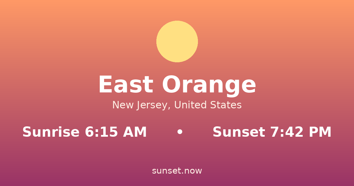 Sunrise & sunset times in East Orange, Nueva Jersey — sunrise 6:15 AM, sunset 7:42 PM