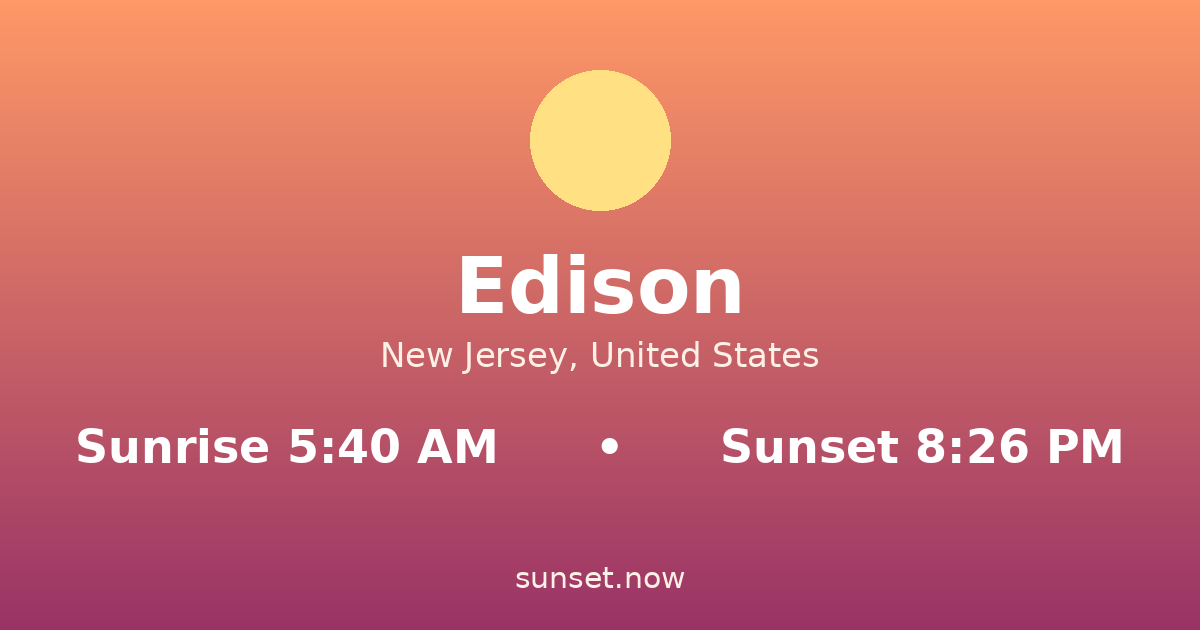 Sunrise & sunset times in Edison, New Jersey — sunrise 5:40 AM, sunset 8:26 PM