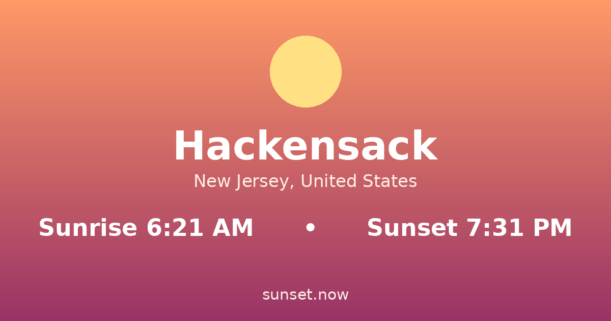 Sunrise & sunset times in Hackensack, New Jersey — sunrise 6:20 AM, sunset 7:33 PM