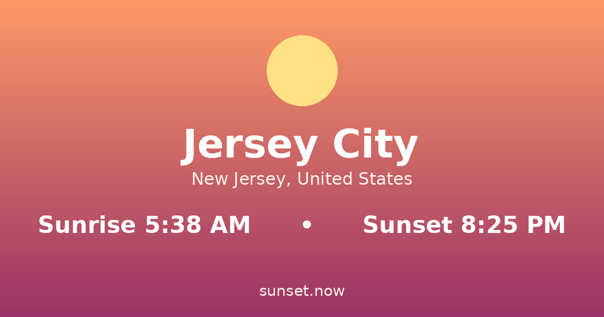 Sunrise & sunset times in Jersey City, New Jersey — sunrise 5:38 AM, sunset 8:25 PM