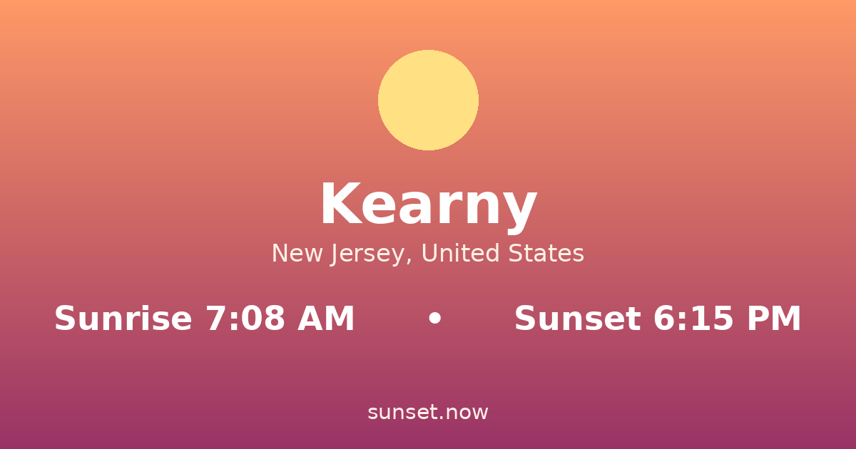 Sunrise & sunset times in Kearny, New Jersey — sunrise 7:08 AM, sunset 6:15 PM