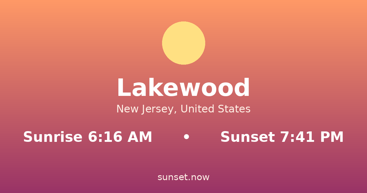 Sunrise & sunset times in Lakewood, Nueva Jersey — sunrise 6:16 AM, sunset 7:41 PM