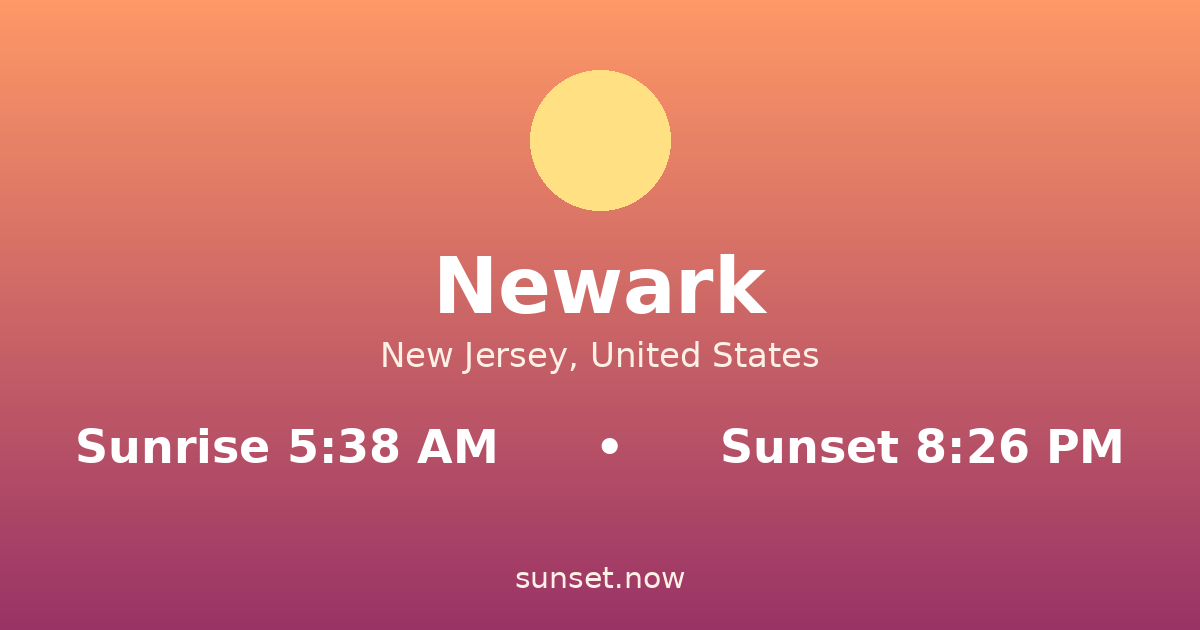 Sunrise & sunset times in Newark, New Jersey — sunrise 5:38 AM, sunset 8:26 PM