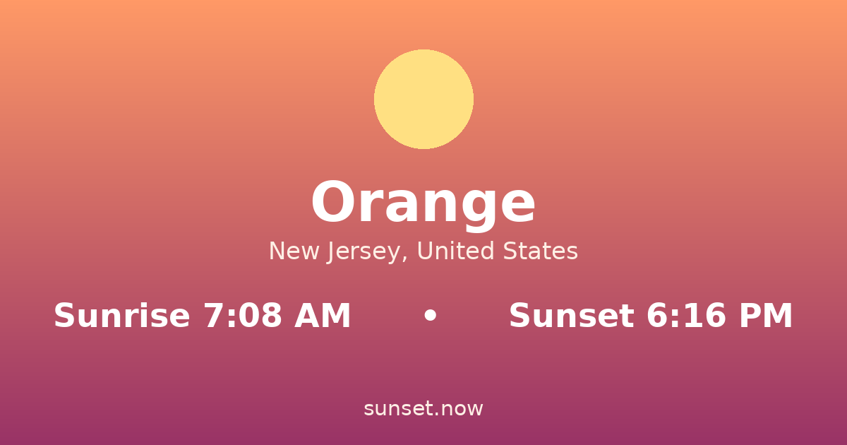 Sunrise & sunset times in Orange, New Jersey — sunrise 7:08 AM, sunset 6:16 PM