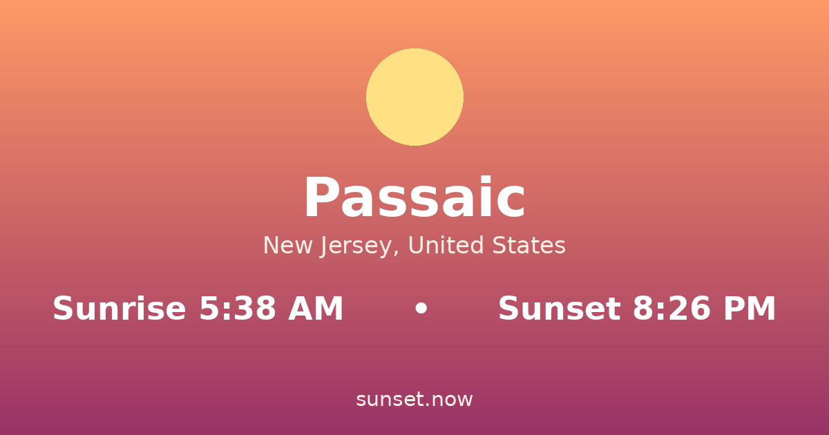 Sunrise & sunset times in Passaic, New Jersey — sunrise 5:38 AM, sunset 8:26 PM