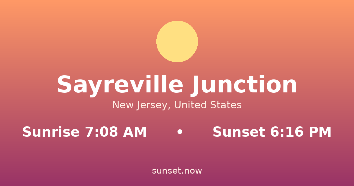 Sunrise & sunset times in Sayreville Junction, New Jersey — sunrise 7:08 AM, sunset 6:16 PM