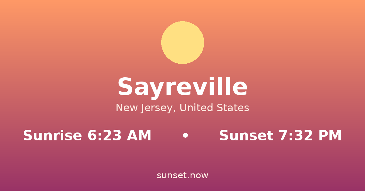 Sunrise & sunset times in Sayreville, New Jersey — sunrise 6:22 AM, sunset 7:33 PM