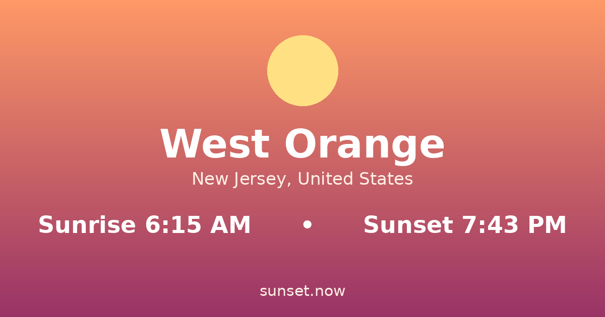 Sunrise & sunset times in West Orange, Nueva Jersey — sunrise 6:15 AM, sunset 7:43 PM