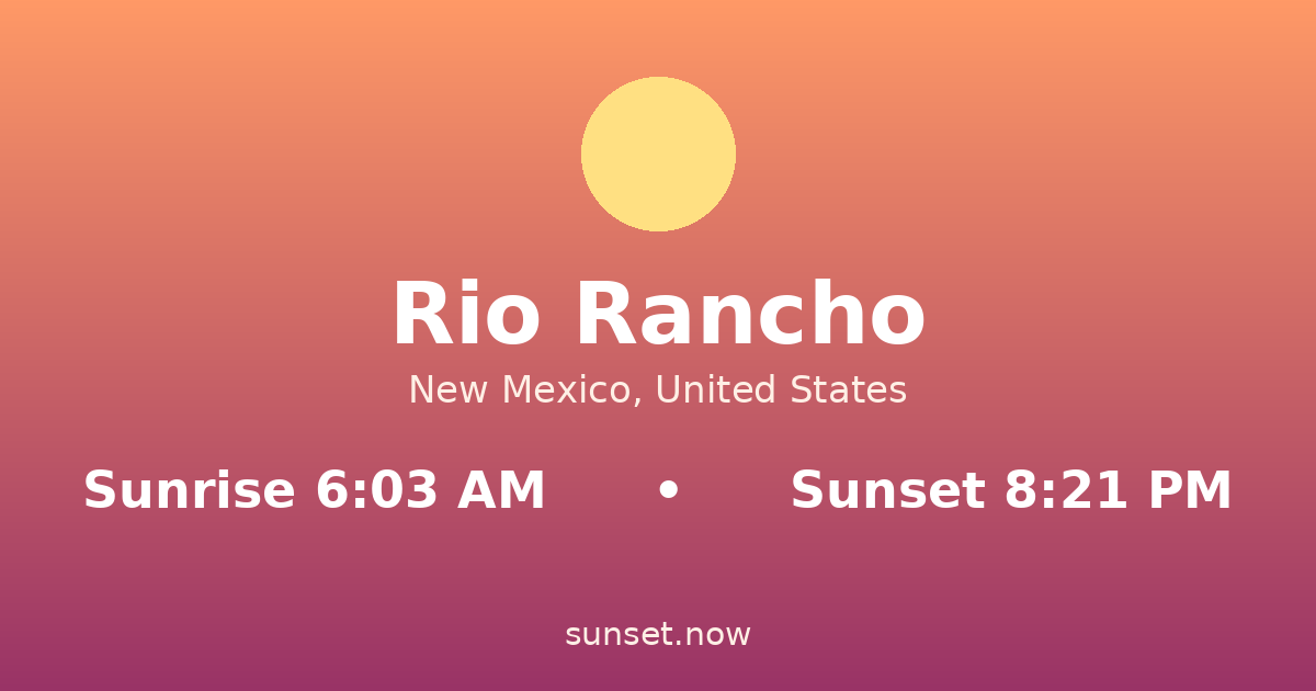 Sunrise & sunset times in Rio Rancho, New Mexico — sunrise 6:03 AM, sunset 8:21 PM