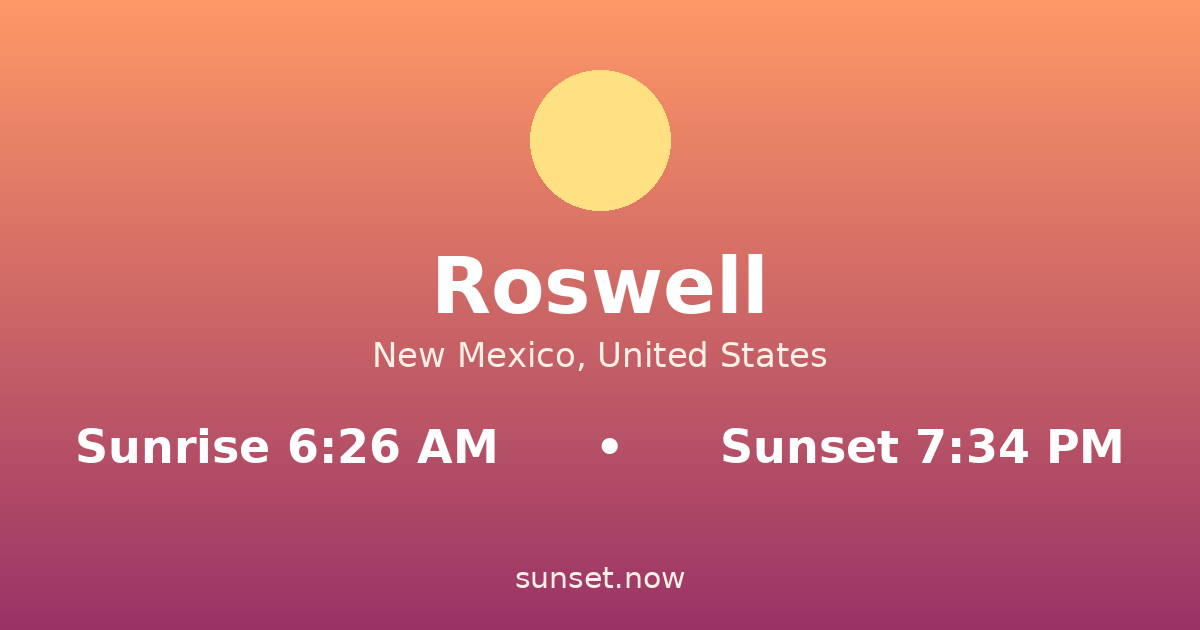 Sunrise & sunset times in Roswell, Nuevo México — sunrise 6:26 AM, sunset 7:34 PM