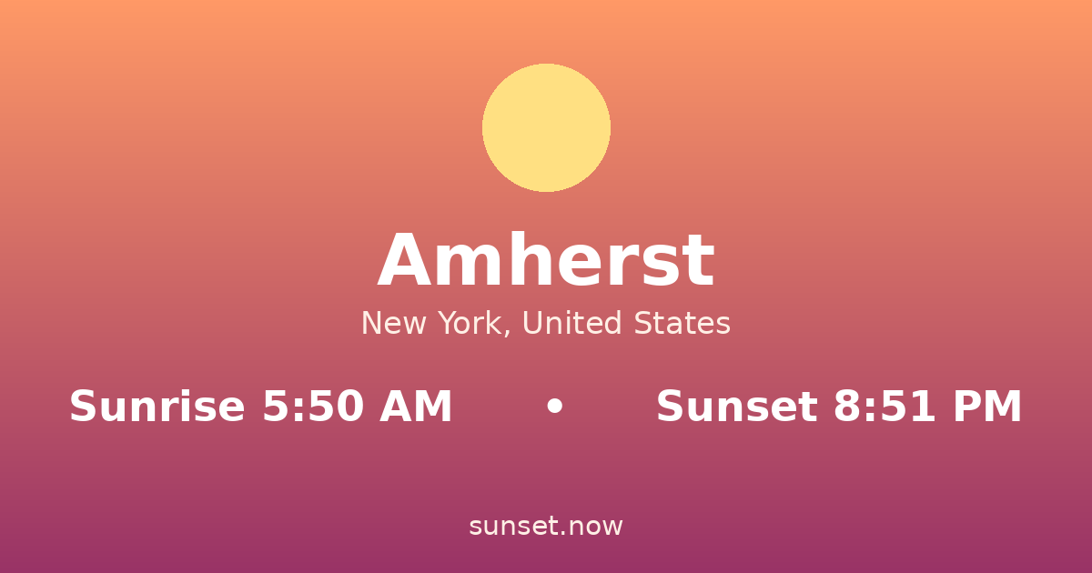 Sunrise & sunset times in Amherst, New York — sunrise 5:50 AM, sunset 8:51 PM