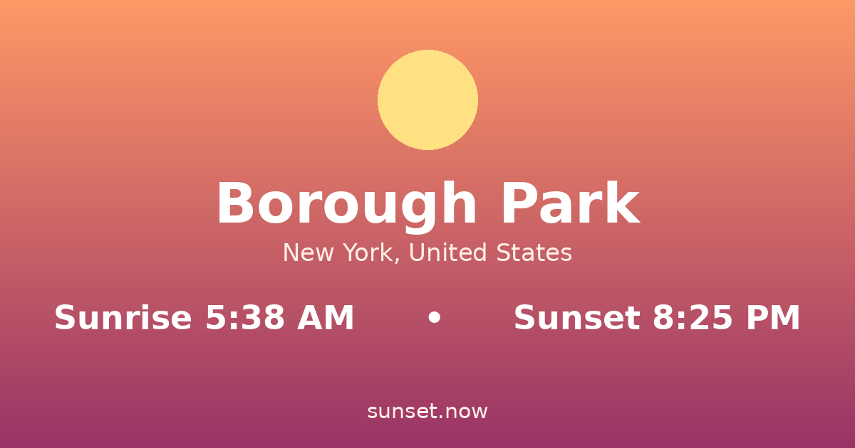 Sunrise & sunset times in Borough Park, New York — sunrise 5:38 AM, sunset 8:25 PM