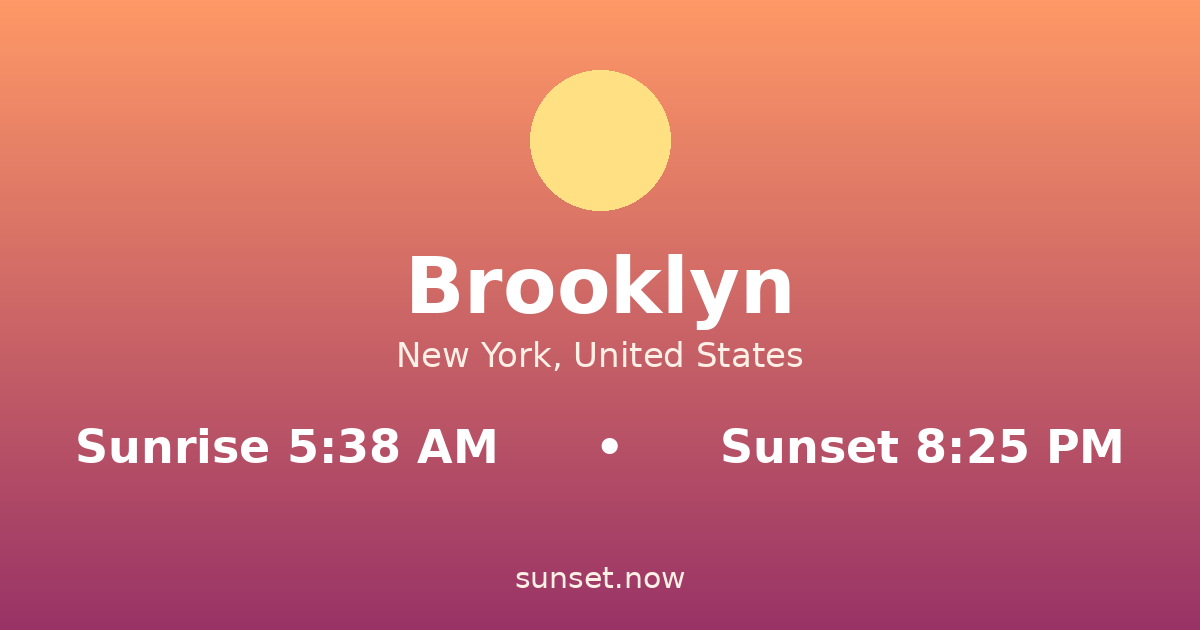 Sunrise & sunset times in Brooklyn, New York — sunrise 5:38 AM, sunset 8:25 PM