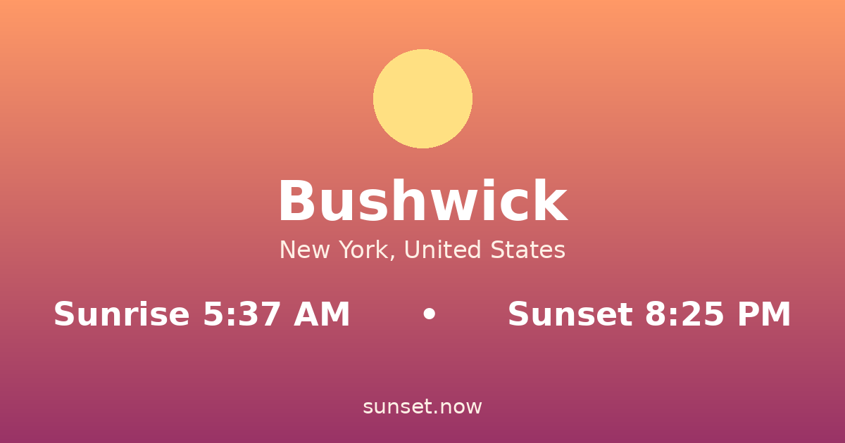 Sunrise & sunset times in Bushwick, New York — sunrise 5:37 AM, sunset 8:25 PM