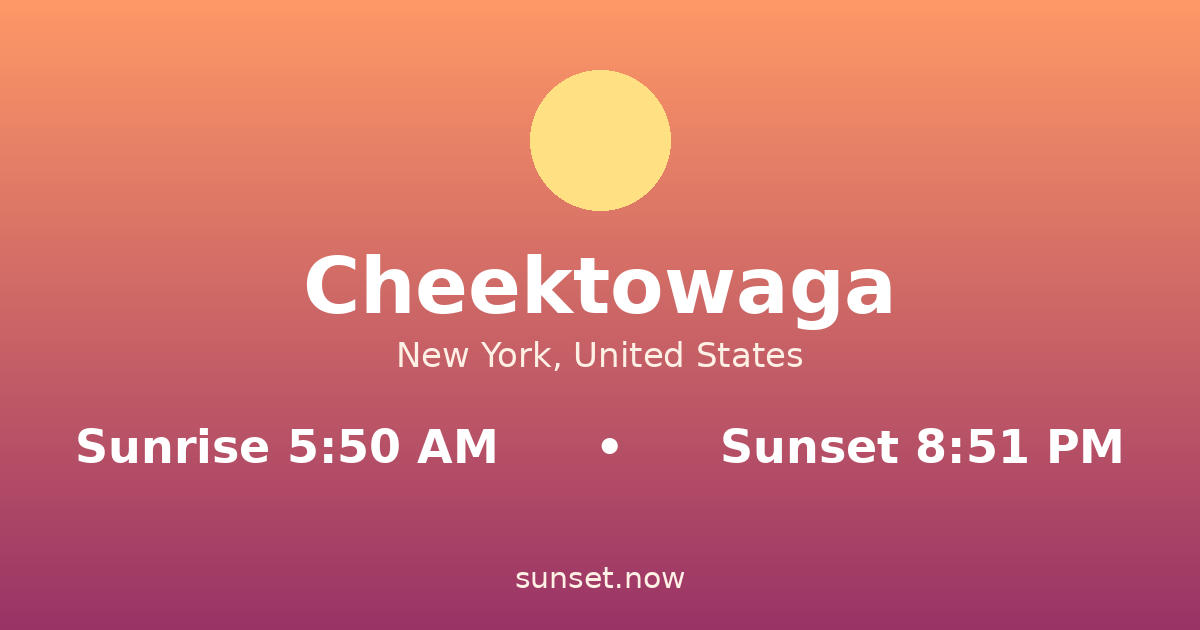Sunrise & sunset times in Cheektowaga, New York — sunrise 5:50 AM, sunset 8:51 PM
