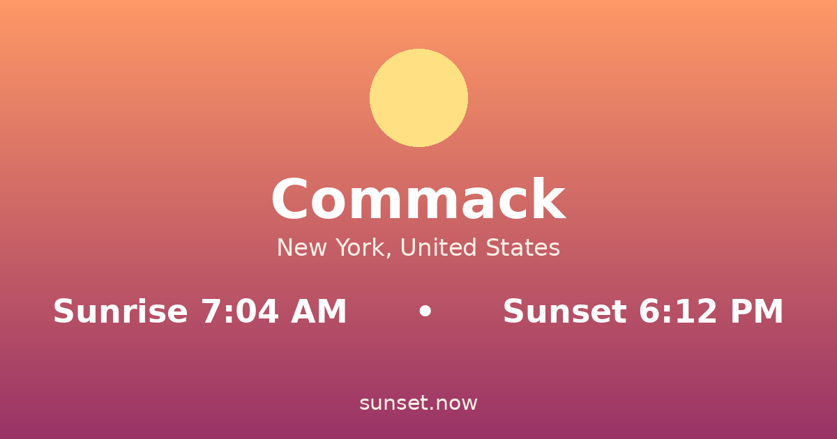 Sunrise & sunset times in Commack, New York — sunrise 7:04 AM, sunset 6:12 PM