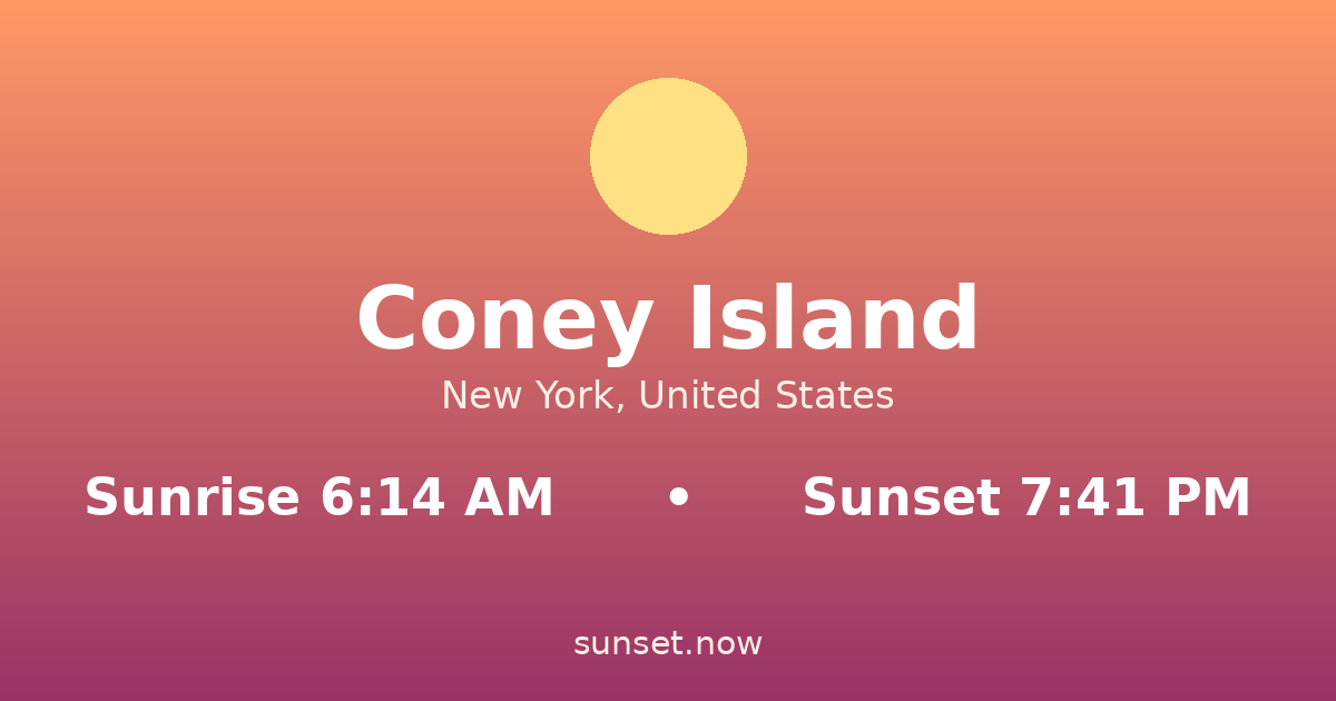 Sunrise & sunset times in Coney Island, Nueva York — sunrise 6:14 AM, sunset 7:41 PM