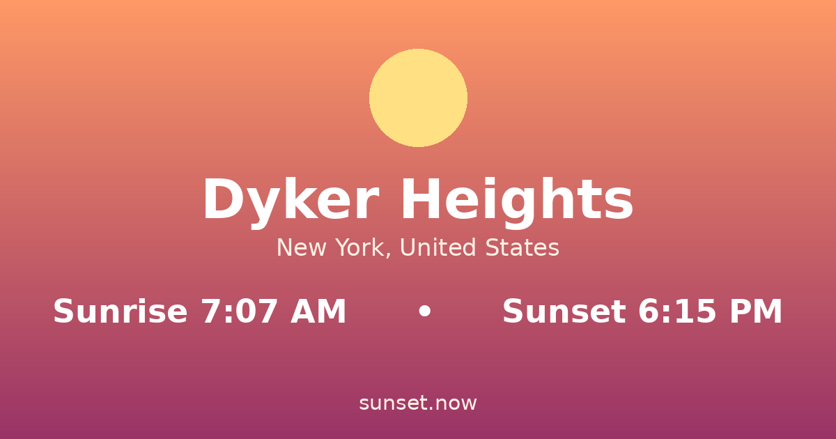 Sunrise & sunset times in Dyker Heights, New York — sunrise 7:07 AM, sunset 6:15 PM