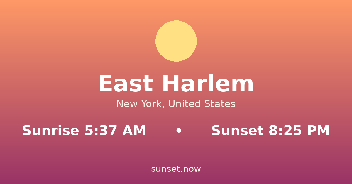 Sunrise & sunset times in East Harlem, New York — sunrise 5:37 AM, sunset 8:25 PM