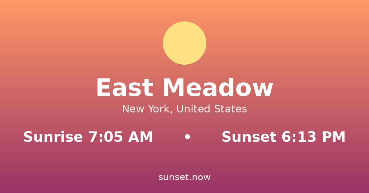 Sunrise & sunset times in East Meadow, New York — sunrise 7:05 AM, sunset 6:13 PM