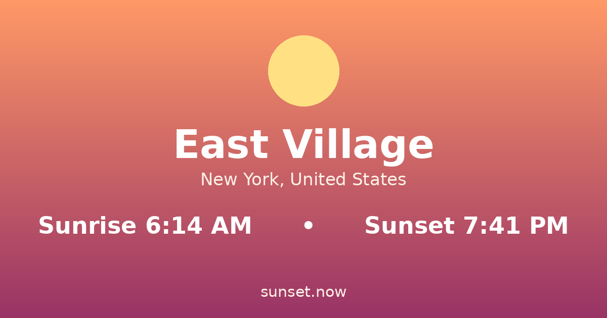 Sunrise & sunset times in East Village, Nueva York — sunrise 6:14 AM, sunset 7:41 PM