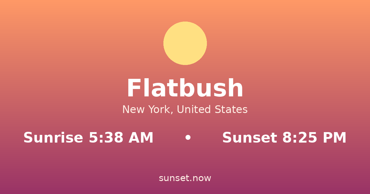 Sunrise & sunset times in Flatbush, New York — sunrise 5:38 AM, sunset 8:25 PM