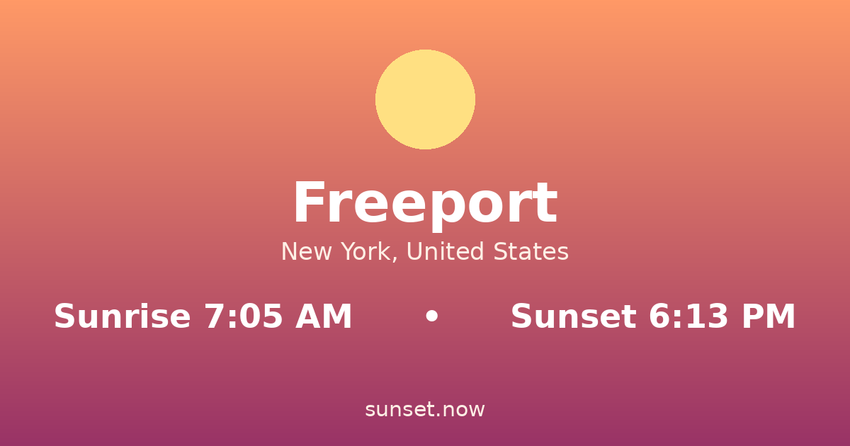 Sunrise & sunset times in Freeport, New York — sunrise 7:05 AM, sunset 6:13 PM