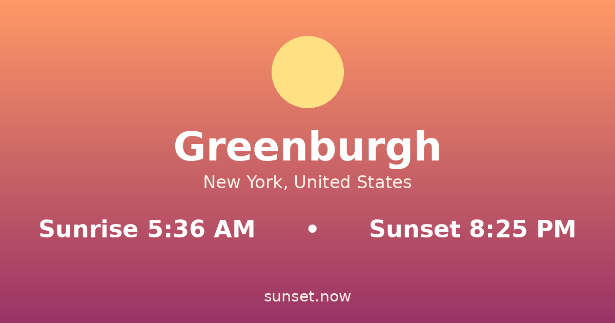 Sunrise & sunset times in Greenburgh, New York — sunrise 5:36 AM, sunset 8:25 PM