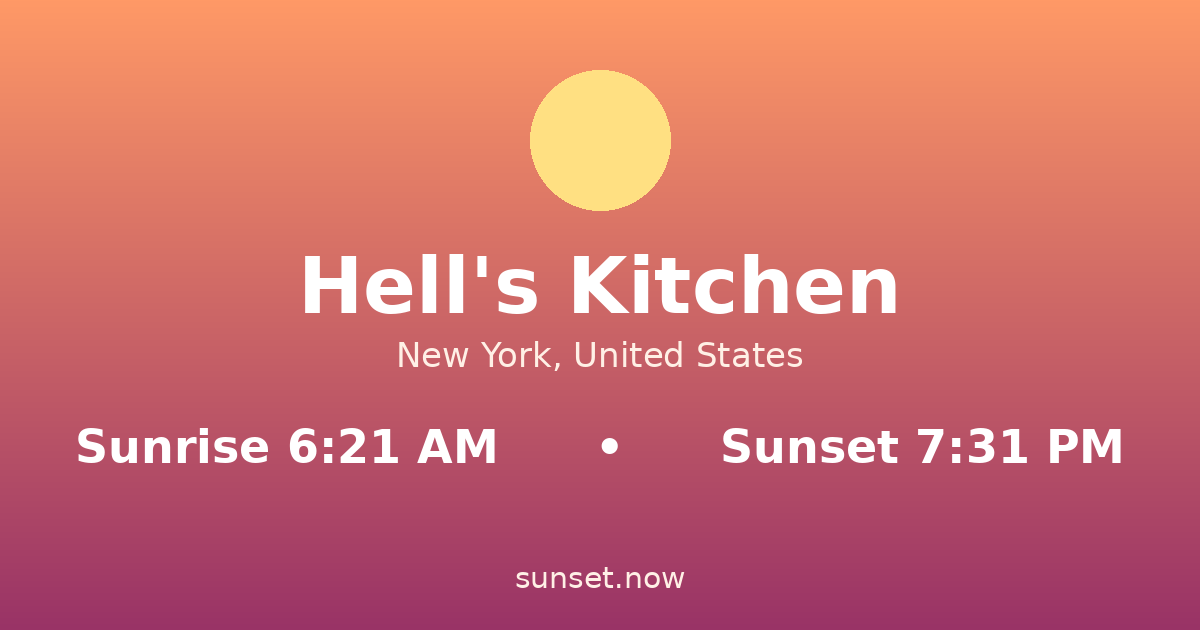 Sunrise & sunset times in Hell's Kitchen, New York — sunrise 6:20 AM, sunset 7:32 PM