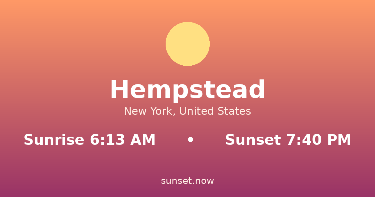 Sunrise & sunset times in Hempstead, Nueva York — sunrise 6:13 AM, sunset 7:40 PM