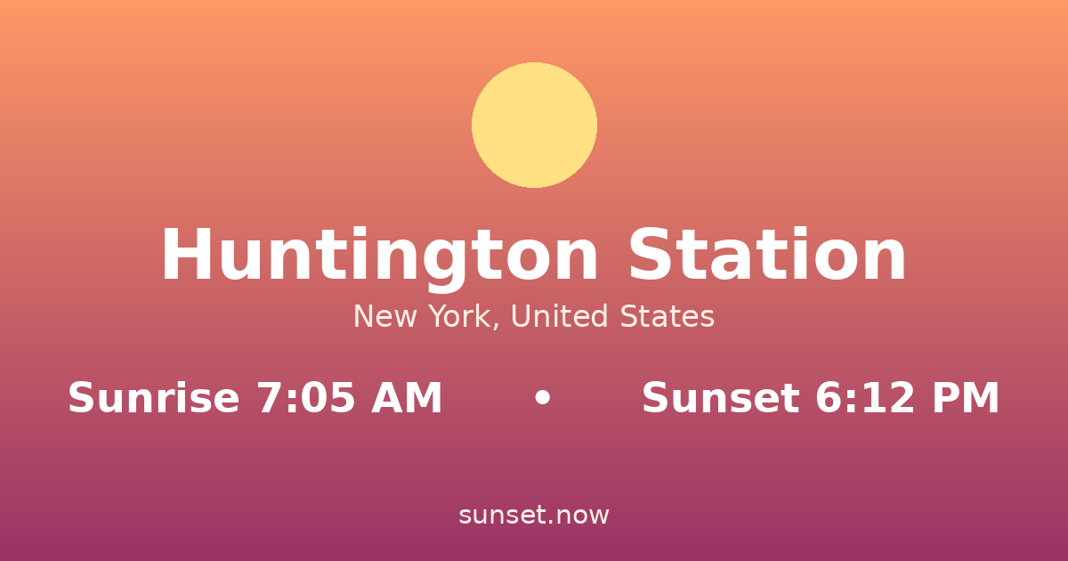 Sunrise & sunset times in Huntington Station, New York — sunrise 7:05 AM, sunset 6:12 PM