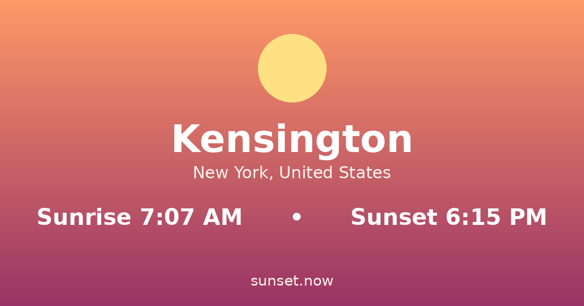 Sunrise & sunset times in Kensington, New York — sunrise 7:07 AM, sunset 6:15 PM
