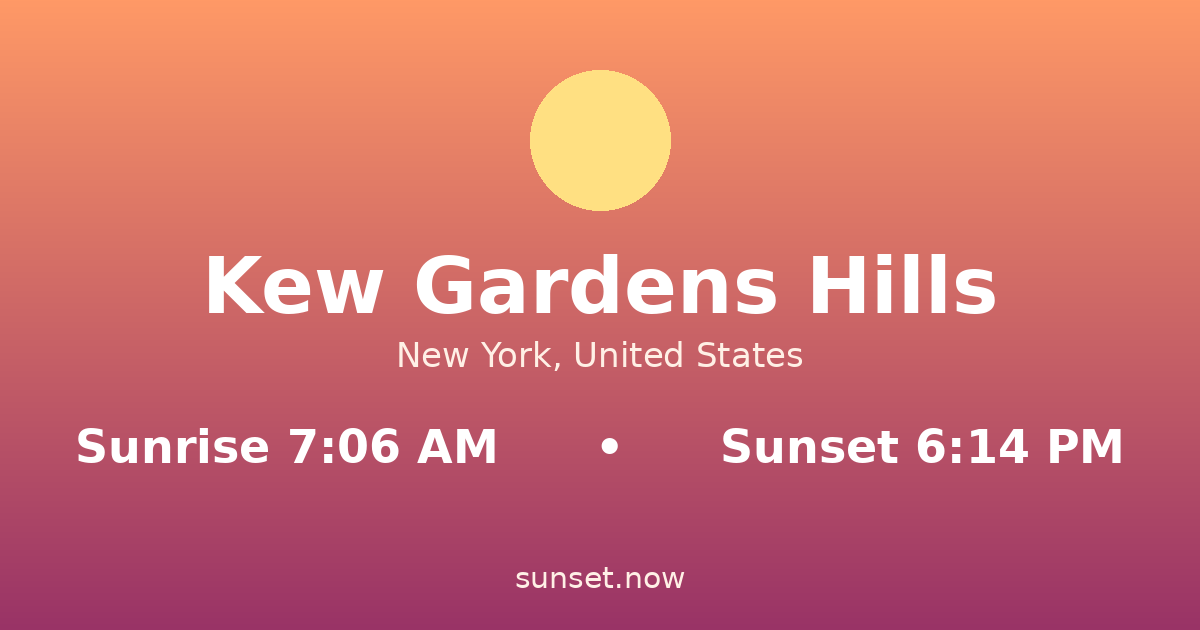 Sunrise & sunset times in Kew Gardens Hills, New York — sunrise 7:06 AM, sunset 6:14 PM
