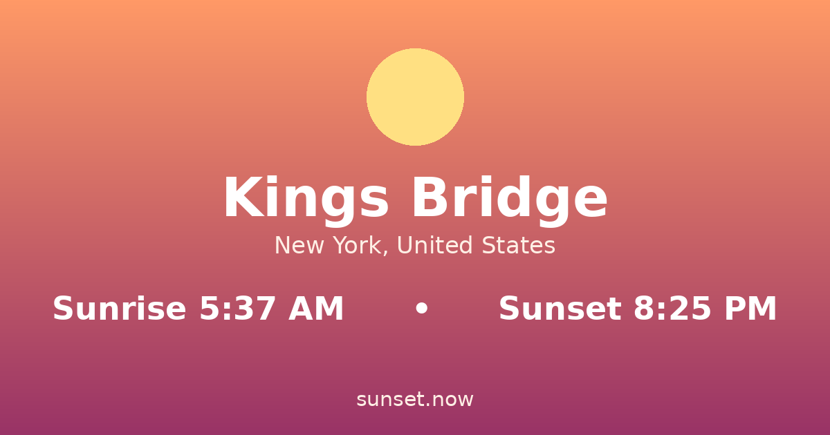 Sunrise & sunset times in Kings Bridge, New York — sunrise 5:37 AM, sunset 8:25 PM