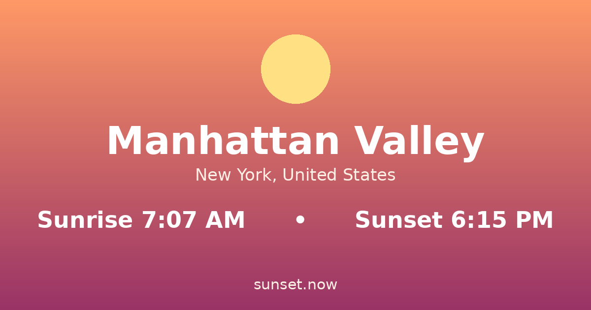 Sunrise & sunset times in Manhattan Valley, New York — sunrise 7:07 AM, sunset 6:15 PM