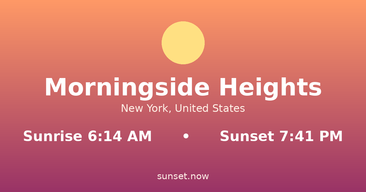 Sunrise & sunset times in Morningside Heights, Nueva York — sunrise 6:14 AM, sunset 7:41 PM