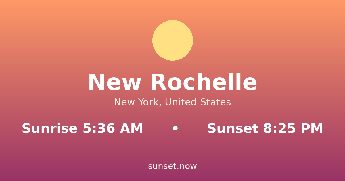 Sunrise & sunset times in New Rochelle, New York — sunrise 5:36 AM, sunset 8:25 PM