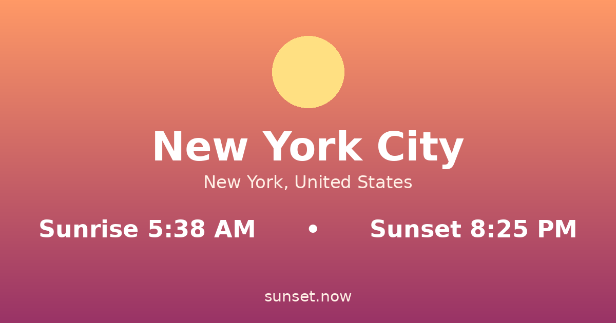 Sunrise & sunset times in New York City, New York — sunrise 5:38 AM, sunset 8:25 PM