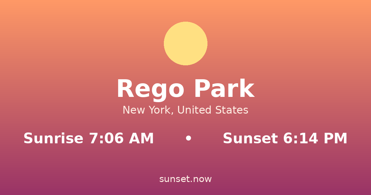 Sunrise & sunset times in Rego Park, New York — sunrise 7:06 AM, sunset 6:14 PM