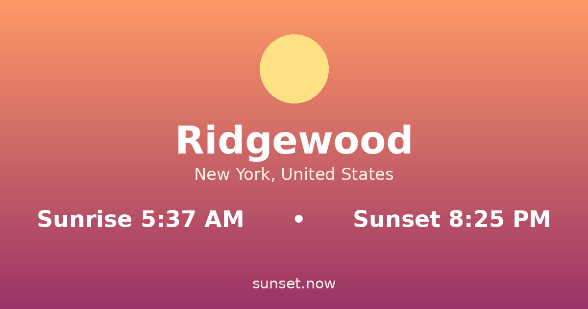 Sunrise & sunset times in Ridgewood, New York — sunrise 5:37 AM, sunset 8:25 PM