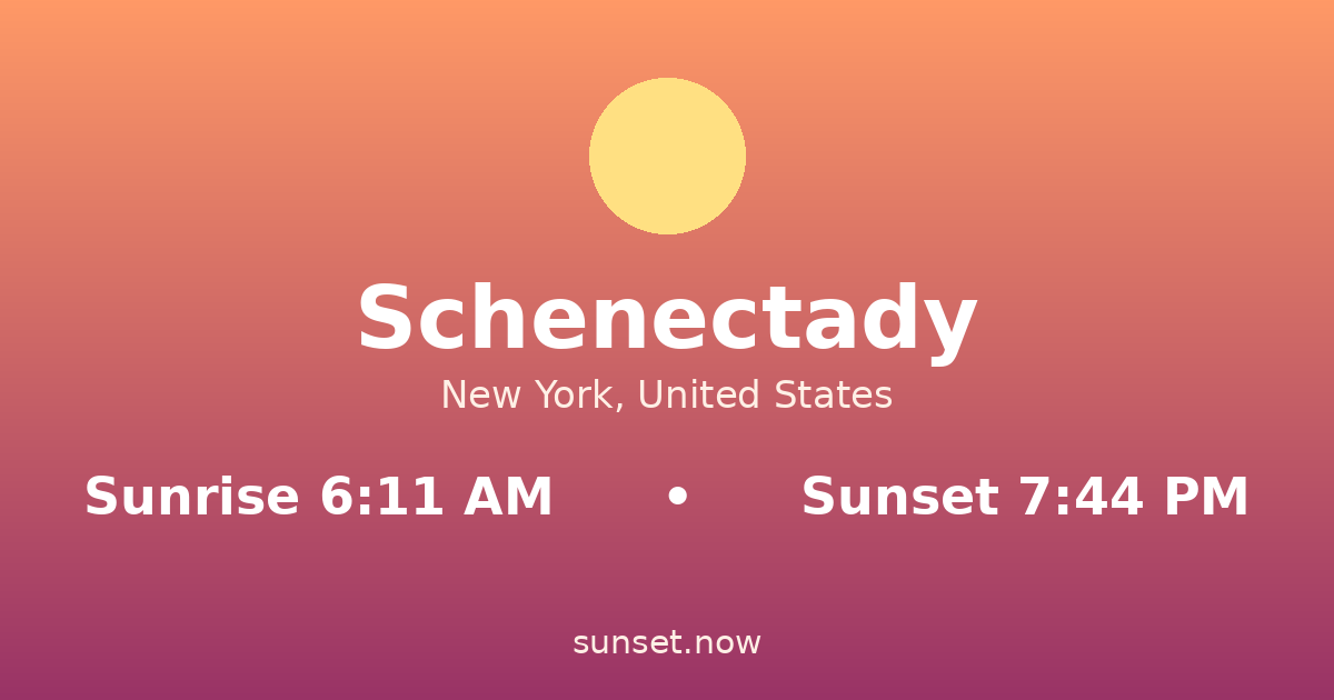 Sunrise & sunset times in Schenectady, Nueva York — sunrise 6:11 AM, sunset 7:44 PM