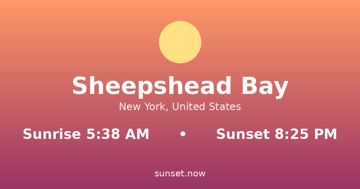 Sunrise & sunset times in Sheepshead Bay, New York — sunrise 5:38 AM, sunset 8:25 PM
