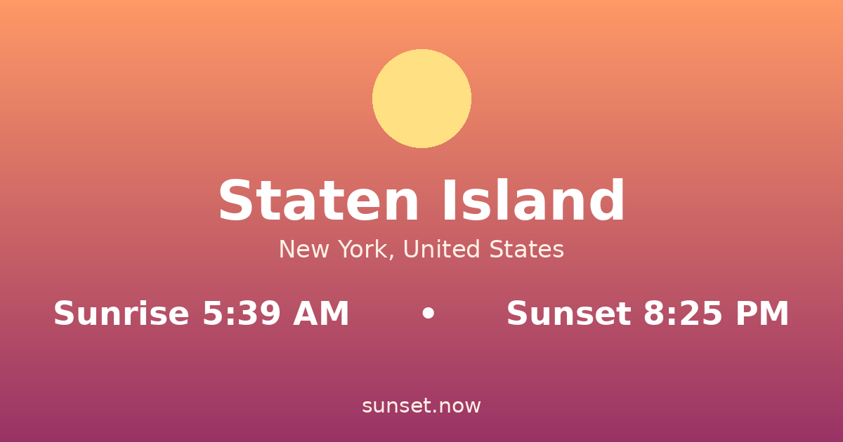 Sunrise & sunset times in Staten Island, New York — sunrise 5:39 AM, sunset 8:25 PM